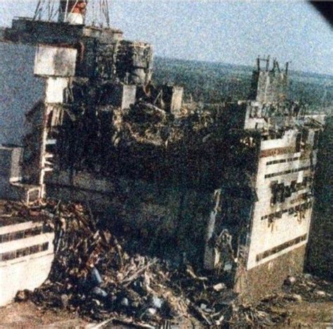 Photo of Chernobyl’s reactor 4 the day after the core exploded. The static in this photo is the ...