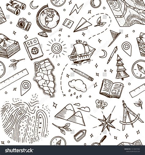 Geography Symbols Seamless Pattern - Vintage Sketch for Web Banners