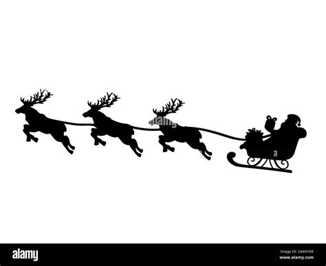 Silhouette Santa in sleigh and flying reindeers. Symbol Happy Merry Christmas. Vector ...