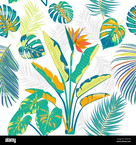 Vector tropical seamless pattern with colorful leaves of palm tree and flowers. Botany light ...