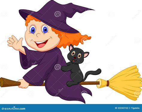 Young Witch Cartoon Flying On On Her Broom Vector Illustration | CartoonDealer.com #33243152