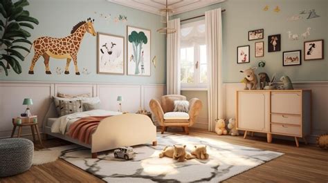 Premium AI Image | A child's bedroom with a wall mural of animals on it.