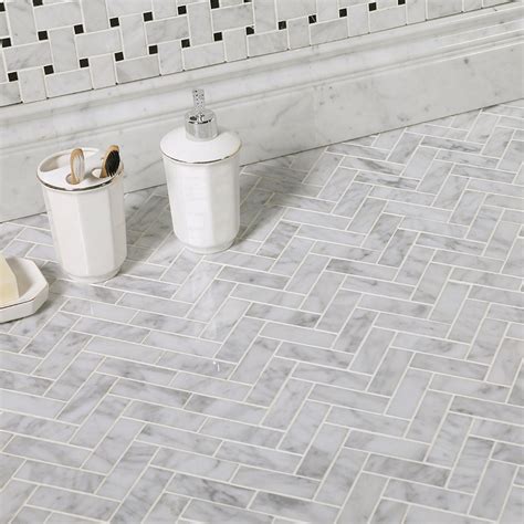 Herringbone White Bianco Carrara Marble Mosaic Tile - Diflart