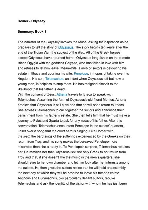 Homer - Odyssey - Summary and Analysis Book 1+2 - Homer Odyssey Summary: Book 1 The narrator of ...