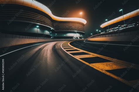 Nighttime curved asphalt race track with illuminated stadium. High-speed racing at night on ...