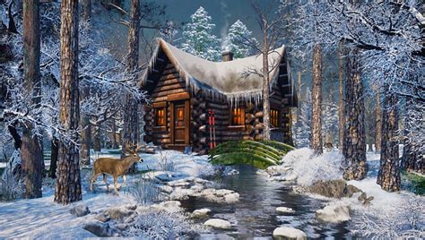 Scenic Winter Log Cabin, Woods, cottage, snow, Scenic, home, Winter, Cabin, deer, HD wallpaper ...