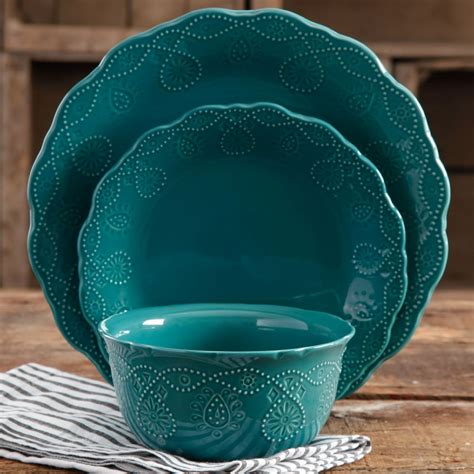 The Pioneer Woman Cowgirl Lace 12-Piece Dinnerware Set, Teal - Walmart.com - Walmart.com