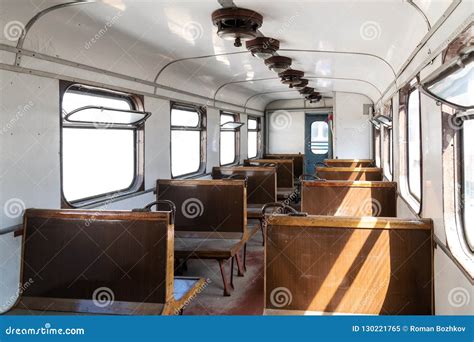 Interior of an Old Passenger Car on a Railroad. Historic Vintage Train Slightly Left Angle Stock ...