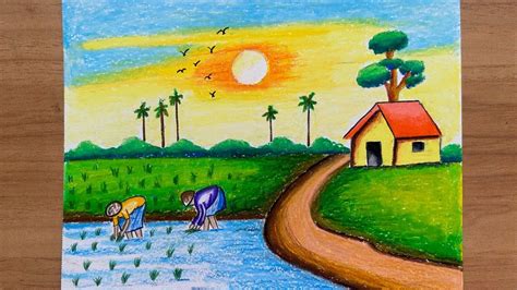 Farmers working on the field drawing agriculture village scenery drawing grey pencil – Artofit