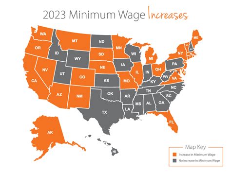 U.S. map of all states highlighted who will have increases to the state's minimum wage in 2023