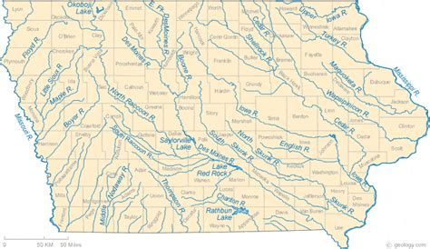 Map of Iowa Lakes, Streams and Rivers