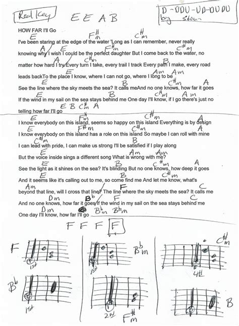 How Far I'll Go (Moana) Guitar Chord Chart in E & F Major (REAL KEY) | Guitar chords and lyrics ...