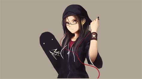 #Anime #Original Black Hair Brown Eyes #Cap #Earbuds #Girl #Glasses Original (Anime) #Skateboa ...