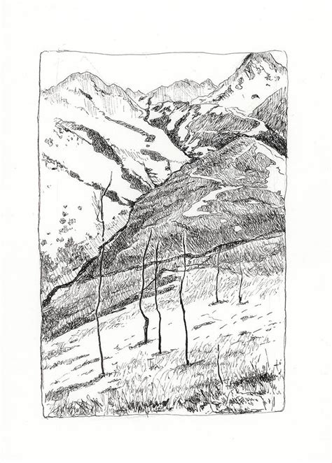 Mountain landscape. Pen and ink drawing Drawing by Katarzyna Gagol | Saatchi Art