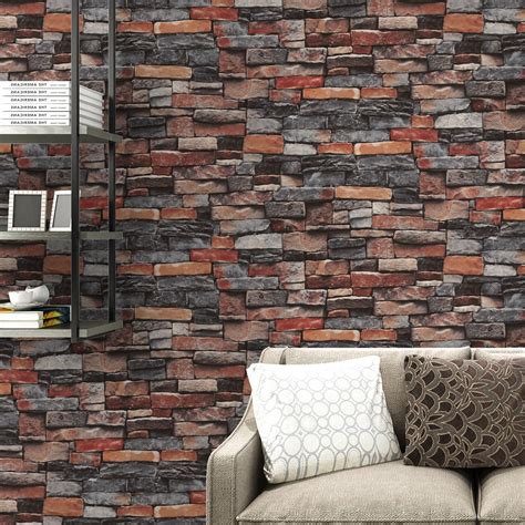 Rustic Gray Stone Red Brick Wallpaper 3D Design Retro Vintage Wall Cov – House.Boutique Red ...