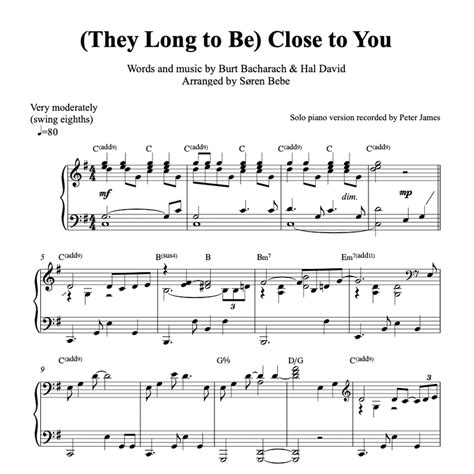 (They Long to Be) Close to You - Solo Piano Sheet Music (PDF)