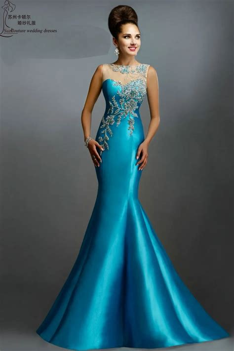 Long evening dress 2015 ME1391 elegant turquoise mermaid evening dresses custom made women long ...