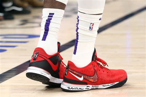 The shoes of Los Angeles Lakers forward LeBron James during game five of the 2023 NBA playoffs ...