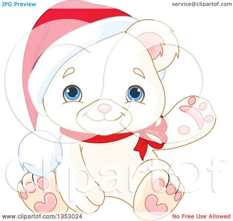 Clipart of a Cute Baby Polar Bear Cub Wearing a Christmas Santa Hat and Presenting or Waving ...