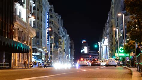 MADRID, SPAIN - APRIL 2015. Downtown Gran Via At Night Timelapse In Madrid, Spain, 2015. Stock ...