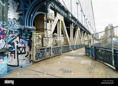 Pedestrian walkway and graffiti, Manhattan Bridge, New York City, New York, United States of ...