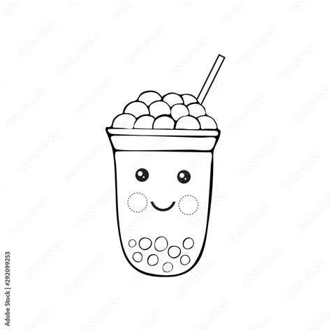 Cute kawaii character black Tapioca pearls. Bubble tea isolated on white background. Black-white ...