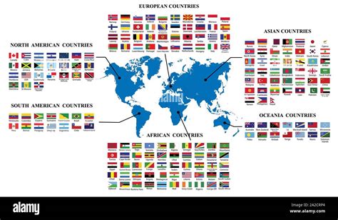 World flags and world map.Map of world and flags of the countries by continent.World flag ...