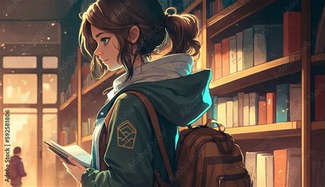 Illustration of a girl reading a book in a library, illustration, anime art, lofi art ...