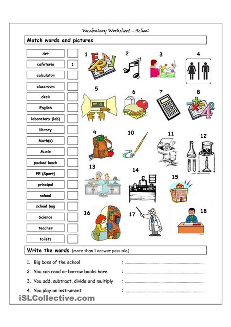 Vocabulary Matching Worksheet - SCHOOL | Vocabulary worksheets, School worksheets, Vocabulary