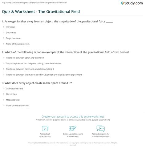 Quiz & Worksheet - The Gravitational Field | Study.com