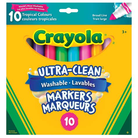 Crayola Ultra-Clean Washable Markers, Assorted Tropical Colours, Broad Tip, 10/PK | Grand & Toy