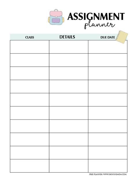 Printable Assignment Planner for Kids and Teens | Homework planner, Assignment planner, Study ...