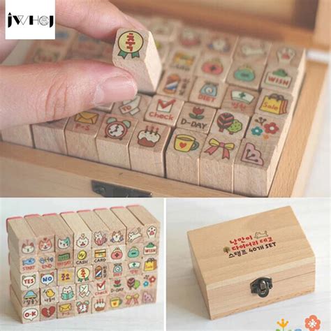 40 pcs/set Mini Cute cat wooden rubber stamp gift box sets Crafts diy Handmade decal ...