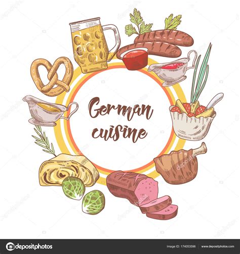 German Traditional Food Hand Drawn Doodle. Germany Cuisine Menu Template. Food and Drink. Vector ...