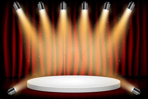 White Round Winner Podium on Red Curtain Theater Scene Stage Background. Stage with Studio ...