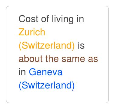 Zurich is about the same as Geneva. Nov 2024 Cost of Living.