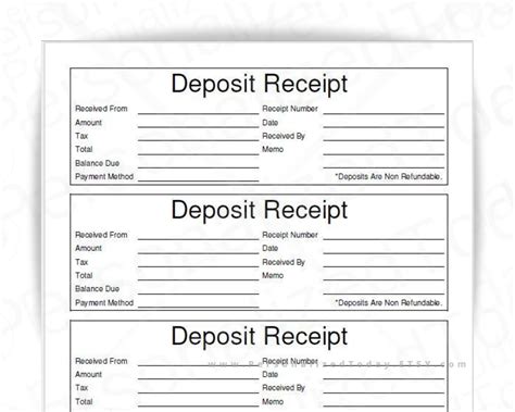 Printable Receipt for Deposit Print and Write and Fillable PDF Digital Download Files - Etsy