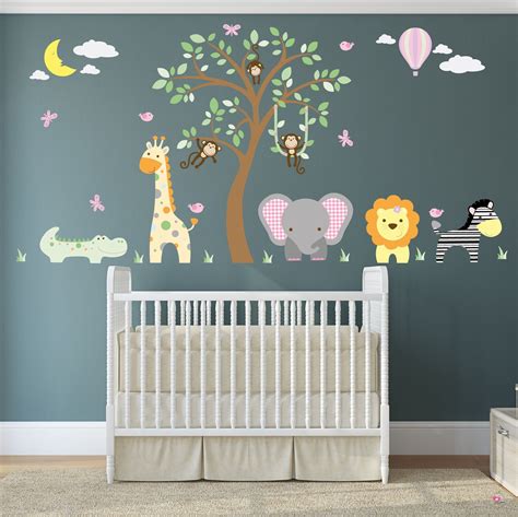 Jungle Wall Decals, Girls Nursery Stickers. Safari animals around a brown tree mural. Balloon ...