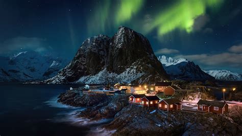 2560x1440 Lofoten Norway Village Aurora Northern Lights 4k 1440P Resolution ,HD 4k Wallpapers ...