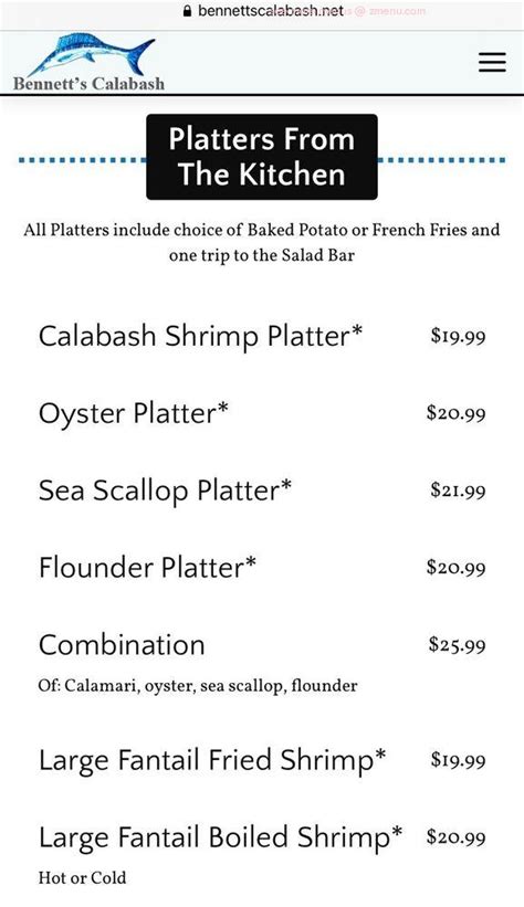 Online Menu of Bennetts Calabash Restaurant, North Myrtle Beach, South Carolina, 29582 - Zmenu