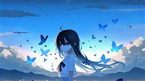 Sad girl Wallpaper 4K, Anime girl, Mood, Butterflies