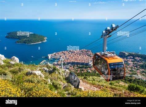 Cable car, Lokrum Island and Dubrovnik Old Town view, Dubrovnik, Dalmatian Coast, Croatia Stock ...