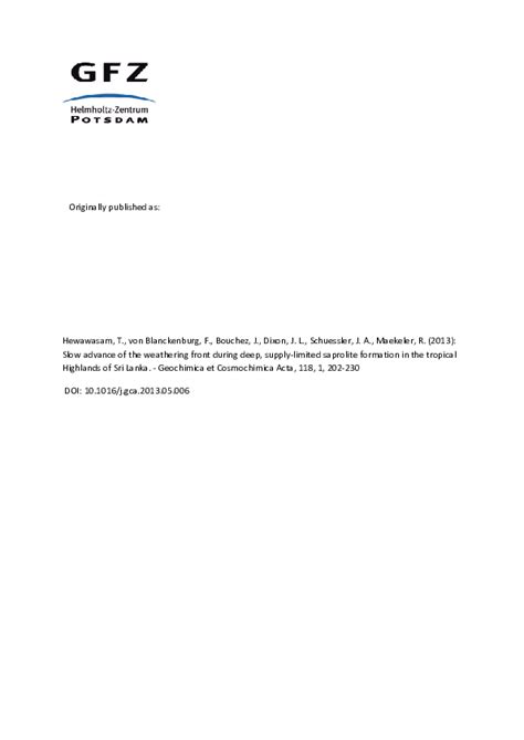 (PDF) Slow advance of the weathering front during deep, supply-limited saprolite formation in ...