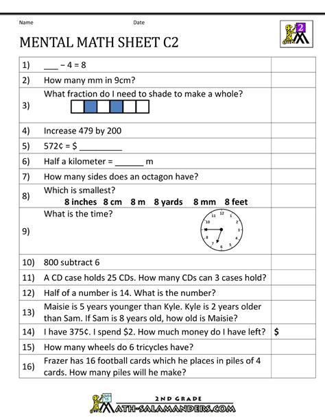 Mental Math Worksheet 2nd Grade