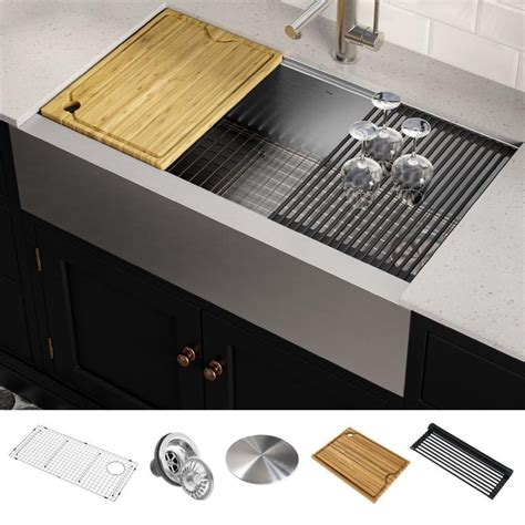 KRAUS Kore Workstation Farmhouse/Apron-Front Stainless Steel 36 in. Single Bowl Kitchen Sink ...