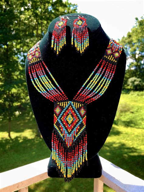 Native American Beaded Jewelry Set - Necklace and Earrings - Diamond Design - Handmade - Glass ...