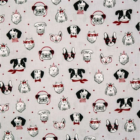 Michael Miller dogs with red accessories on gray cotton fabric - modeS4u