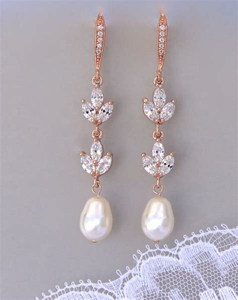 Rose Gold Pearl Drop Earrings Crystal Marquise Bridal - Etsy