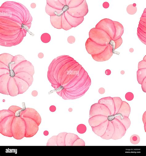 Hand drawn watercolor seamless pattern of fall autumn pastel soft pink pumpkins with grey leaves ...