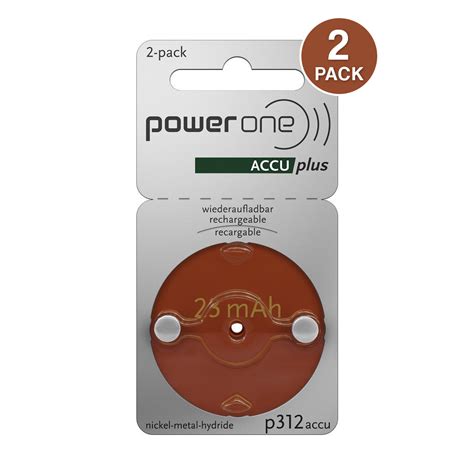 PowerOne Accu plus NiMH Rechargeable Hearing Aid Battery P312, 2 batteries